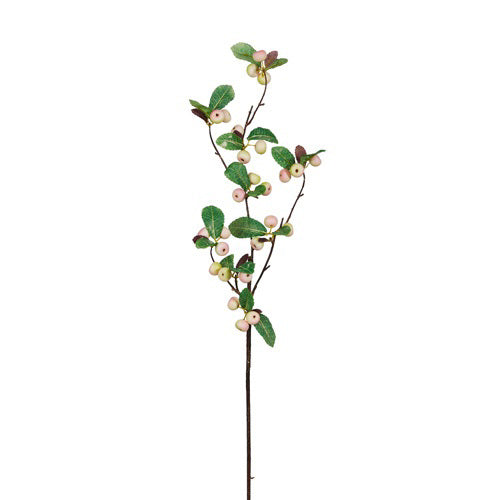 A BERRY BRANCH STEM by RAZ IMPORTS, featuring a tall, thin branch with small pinkish-white berries and clusters of green polyester leaves against a plain white background.