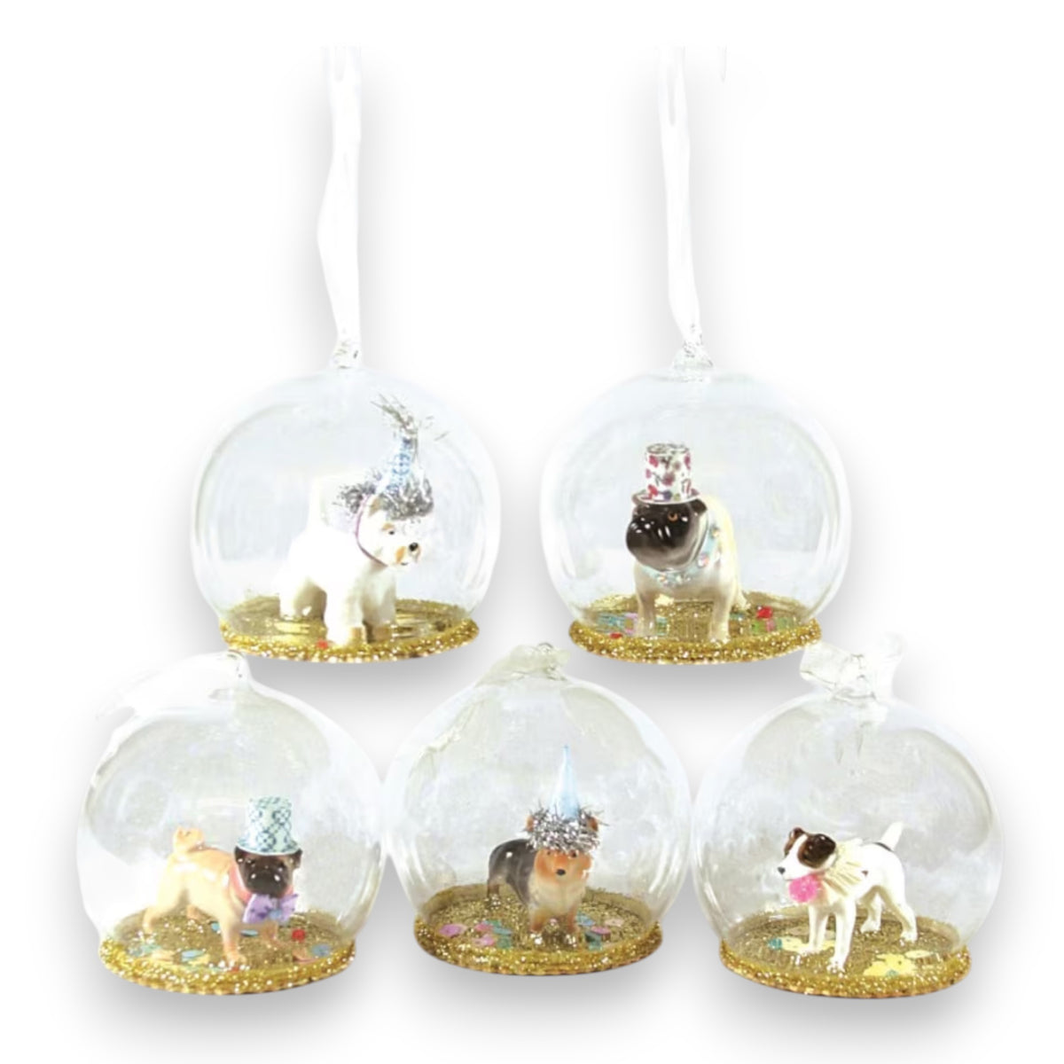 Five CODY FOSTER DOG GLOBE WITH GOLD BASE ORNAMENTS, each featuring a small dog figurine in a festive hat and colorful sparkles, are arranged in two rows on a white background.