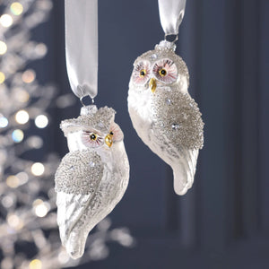 Two silver, glass SILVER OWL ORNAMENTs in assorted styles hanging from silver strings.