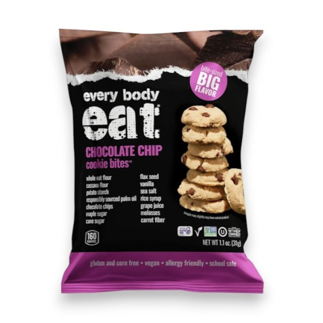 A convenient 1oz single-serve pouch of EVERY BODY EAT Chocolate Chip Cookie Bites, featuring an image of stacked cookies on the front. The packaging, in purple and black colors, prominently highlights its gluten-free, corn-free, vegan, and dairy-free qualities—making it an ideal allergy-friendly snack from EVERY BODY EAT.