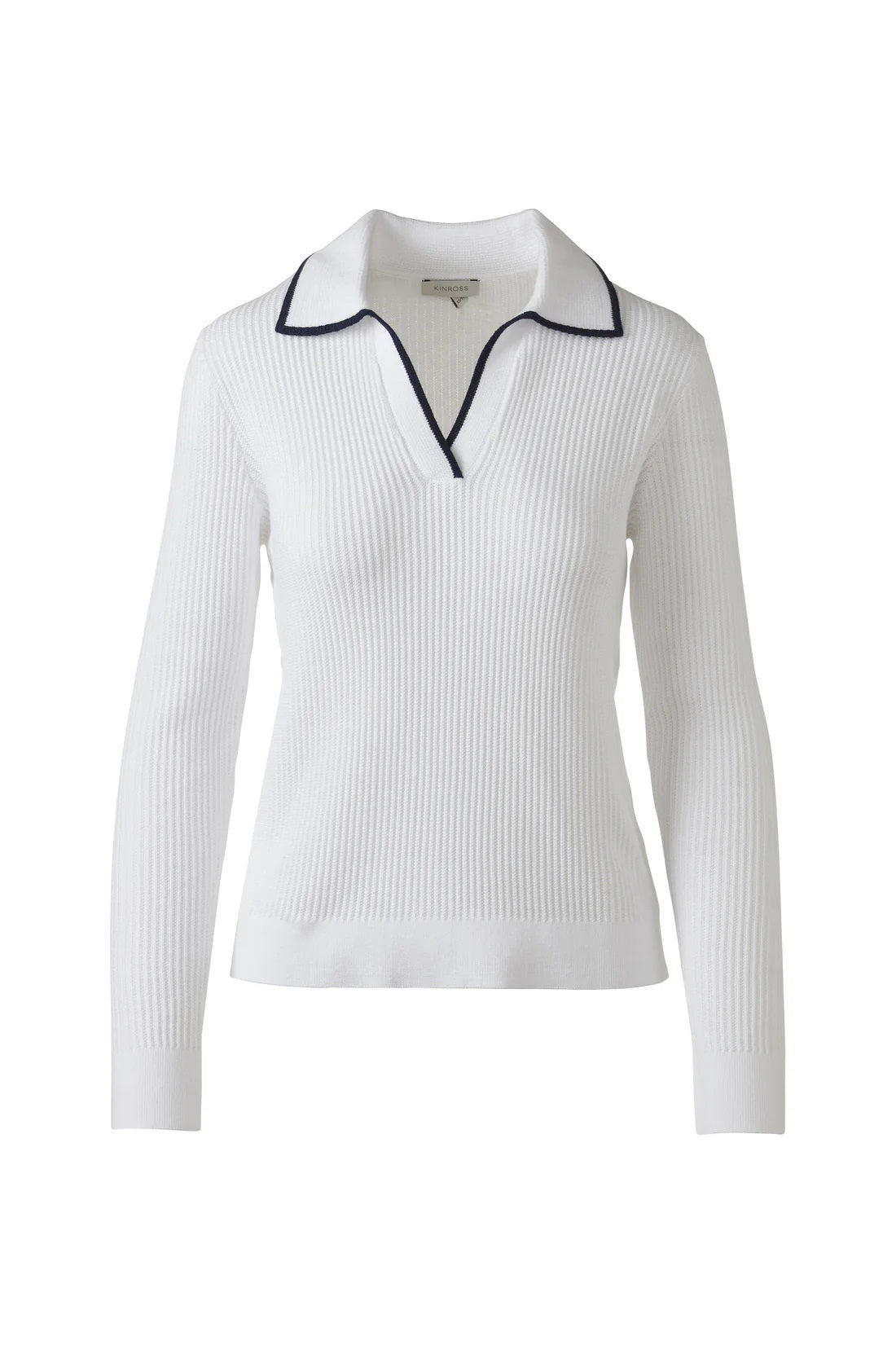 The KINROSS Tipped Rib Cotton Polo in White is a luxury essential, featuring 100% cotton with a deep V-neck and black-trimmed collar, shown against a plain white background.