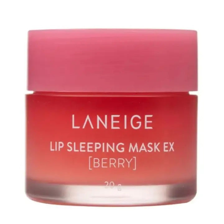 A 20g pink jar of KOSMIC KBEAUTY SKINCARE's LANEIGE LIP SLEEPING MASK BERRY features Berry Fruit Complex, Vitamin C, and the brand name in white text; it's an overnight lip mask for smooth, hydrated lips.