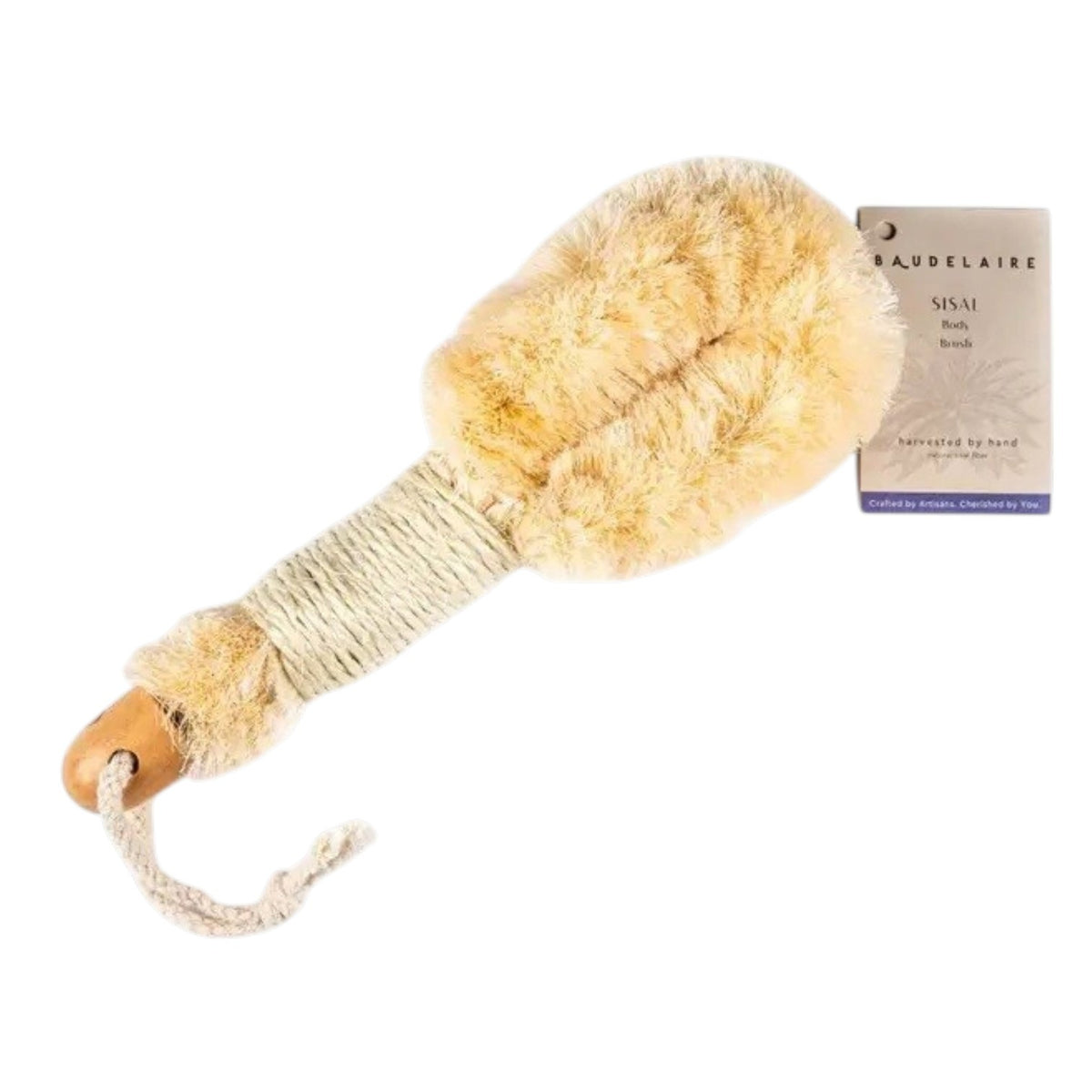 Introducing the BAUDELAIRE - SISAL 9” BODY BRUSH by BAUDELAIRE—a natural sisal body brush featuring a sturdy wooden handle, convenient rope loop, and dense pale bristles. Ideal for exfoliating and dry brushing, this brush is finished with a tag that reads “Baudelaire Sisal Brush.”.