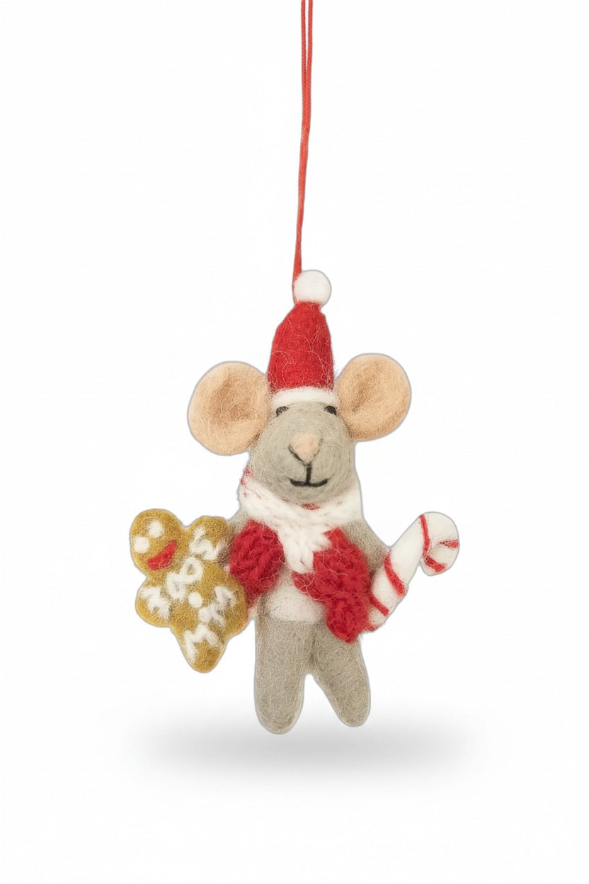CHRIS MOUSE ORNAMENT by FELT SO GOOD, a needle-felted mouse wearing a Santa hat and red scarf while holding a gingerbread cookie and a candy cane.