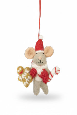 CHRIS MOUSE ORNAMENT by FELT SO GOOD, a needle-felted mouse wearing a Santa hat and red scarf while holding a gingerbread cookie and a candy cane.