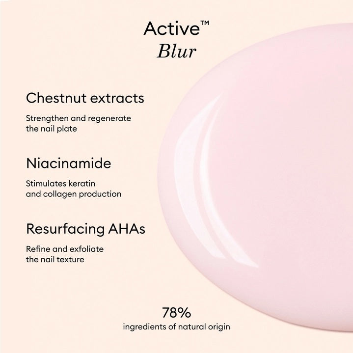 Three close-up photos of a fingernail: first, bare; second, after one coat of MANUCURIST - ACTIVE™ BLUR TREATMENT POLISH in a powder-pink shade (appearing slightly shinier); and third, after two coats (showing even glossier and smoother results). Each stage is clearly labeled to highlight the transformation, perfect for fans of MANUCURIST INC vegan nail care solutions.