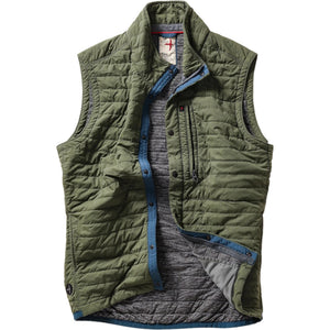 The RELWEN Windzip Vest in Olive is a quilted utility vest with green and blue trim, snap button closures, armholes, and an inner pocket—ideal for layered warmth. Shown open and laid flat.
