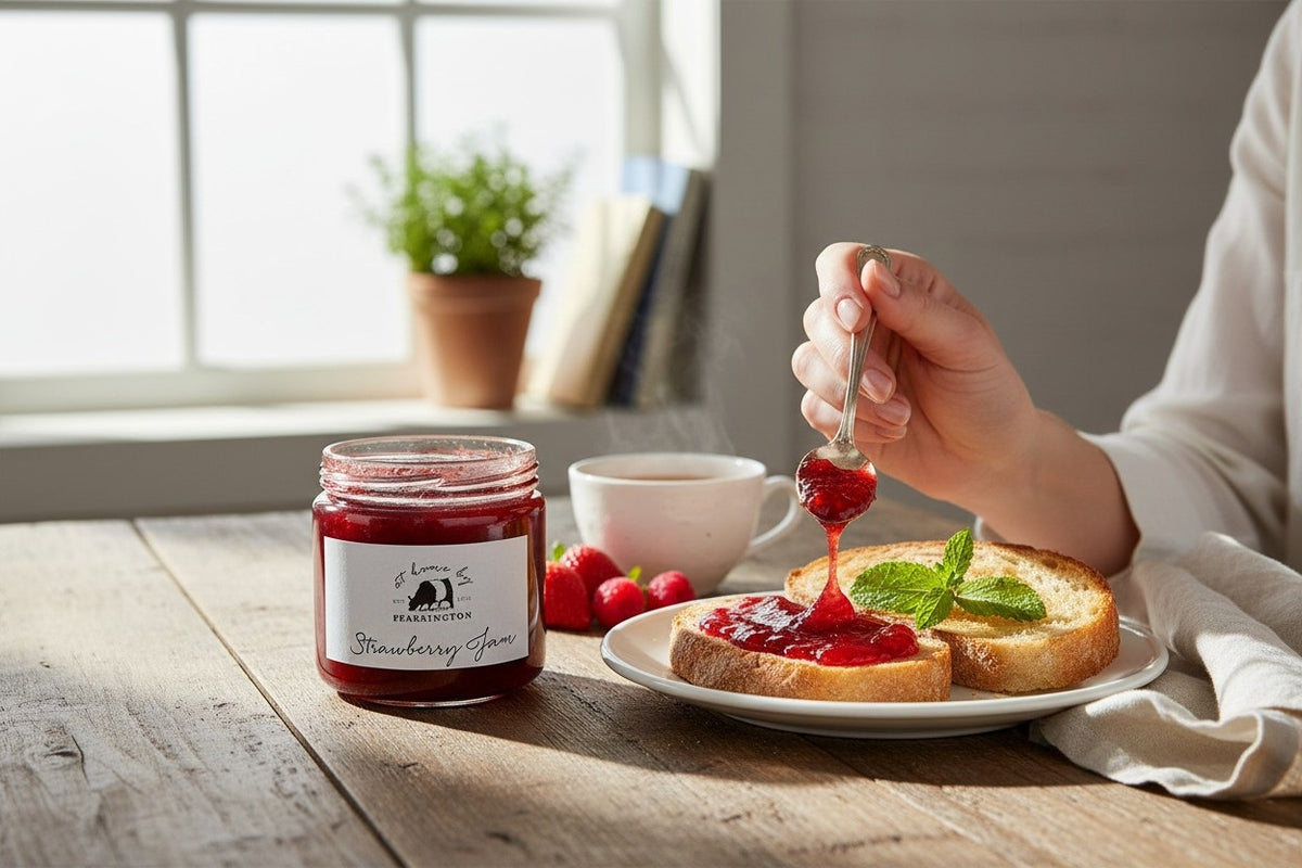 Introducing the FEARRINGTON HOUSEMADE STRAWBERRY JAM from the FEARRINGTON SIGNATURE COLLECTION, this jar of delicious strawberry jam is adorned with a charming black and white striped ribbon tied around the lid. Perfect as a hostess gift, its label lists wholesome ingredients such as strawberry, vanilla, lemon, pectin, and sugar. This handmade treat may contain allergens and is a delightful choice for breakfast jam enthusiasts.