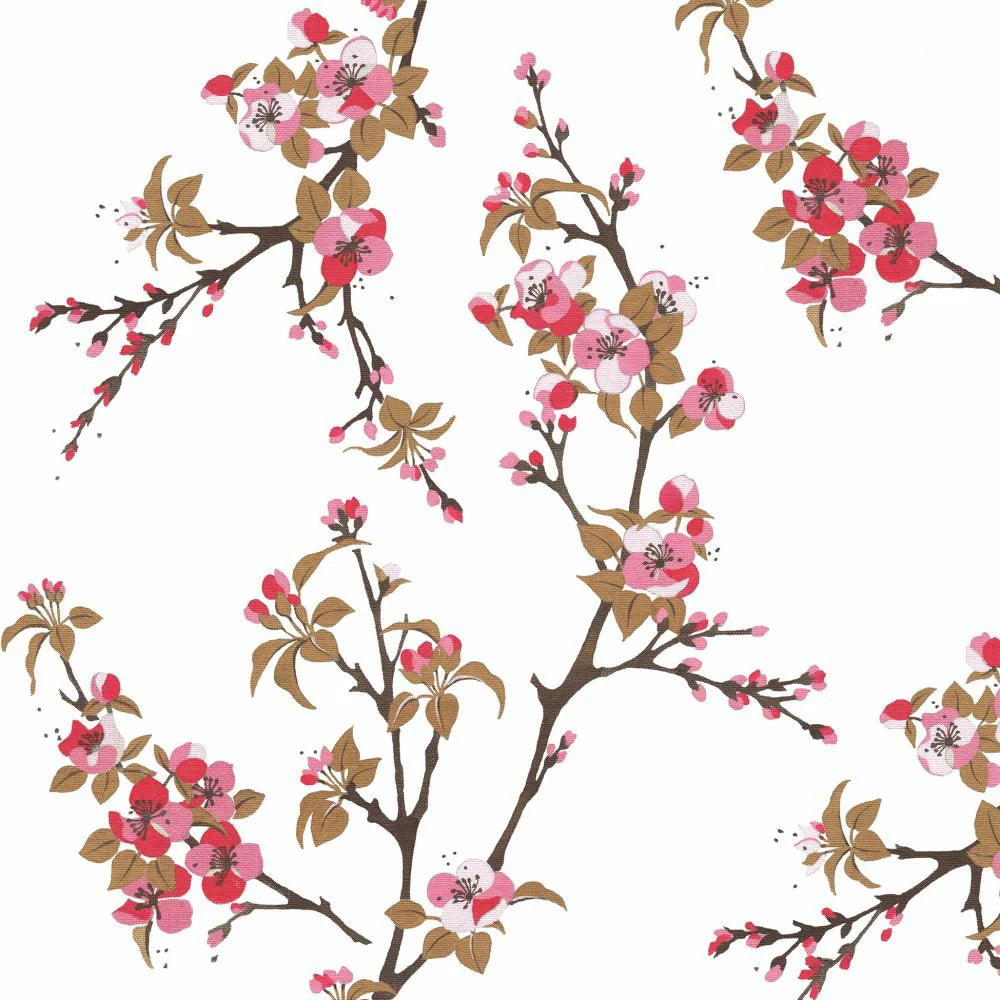 The FIORI ROSSO BEVERAGE NAPKINS by PAPER PRODUCTS DESIGN feature cherry blossom branches with pink and red flowers and brown leaves on a white background. These 3-ply paper napkins exude quality and elegance, making them perfect for any occasion.