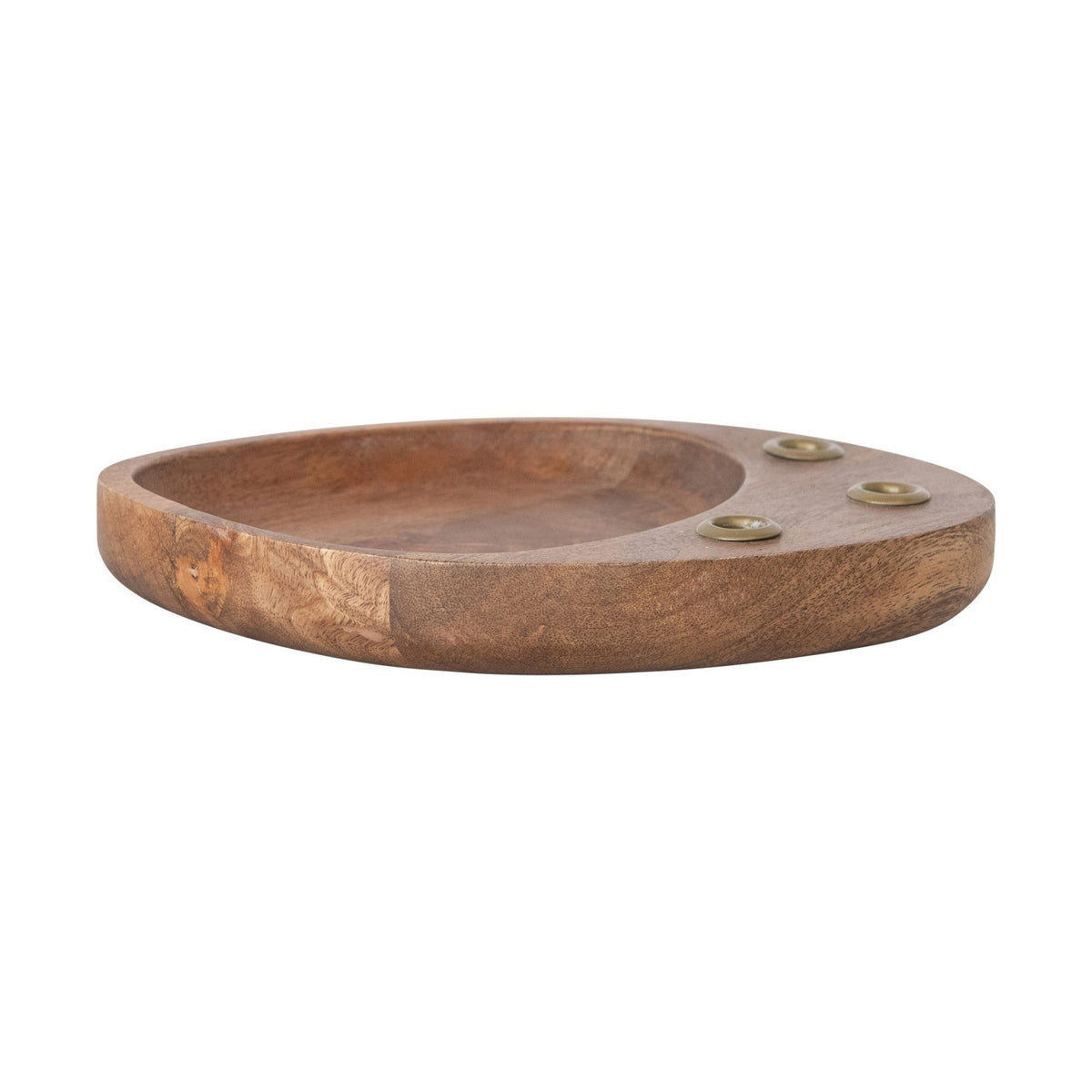 The CREATIVE COOP Mango Wood and Metal Taper Holder with Tray features an oval mango wood base, three round brass inlays, and a shallow recessed area—ideal for displaying candles or your favorite decor.
