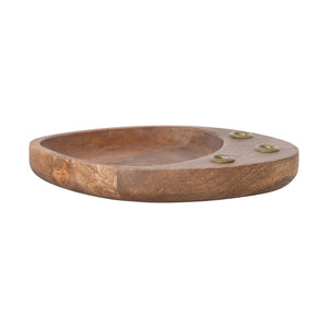 The CREATIVE COOP Mango Wood and Metal Taper Holder with Tray features an oval mango wood base, three round brass inlays, and a shallow recessed area—ideal for displaying candles or your favorite decor.