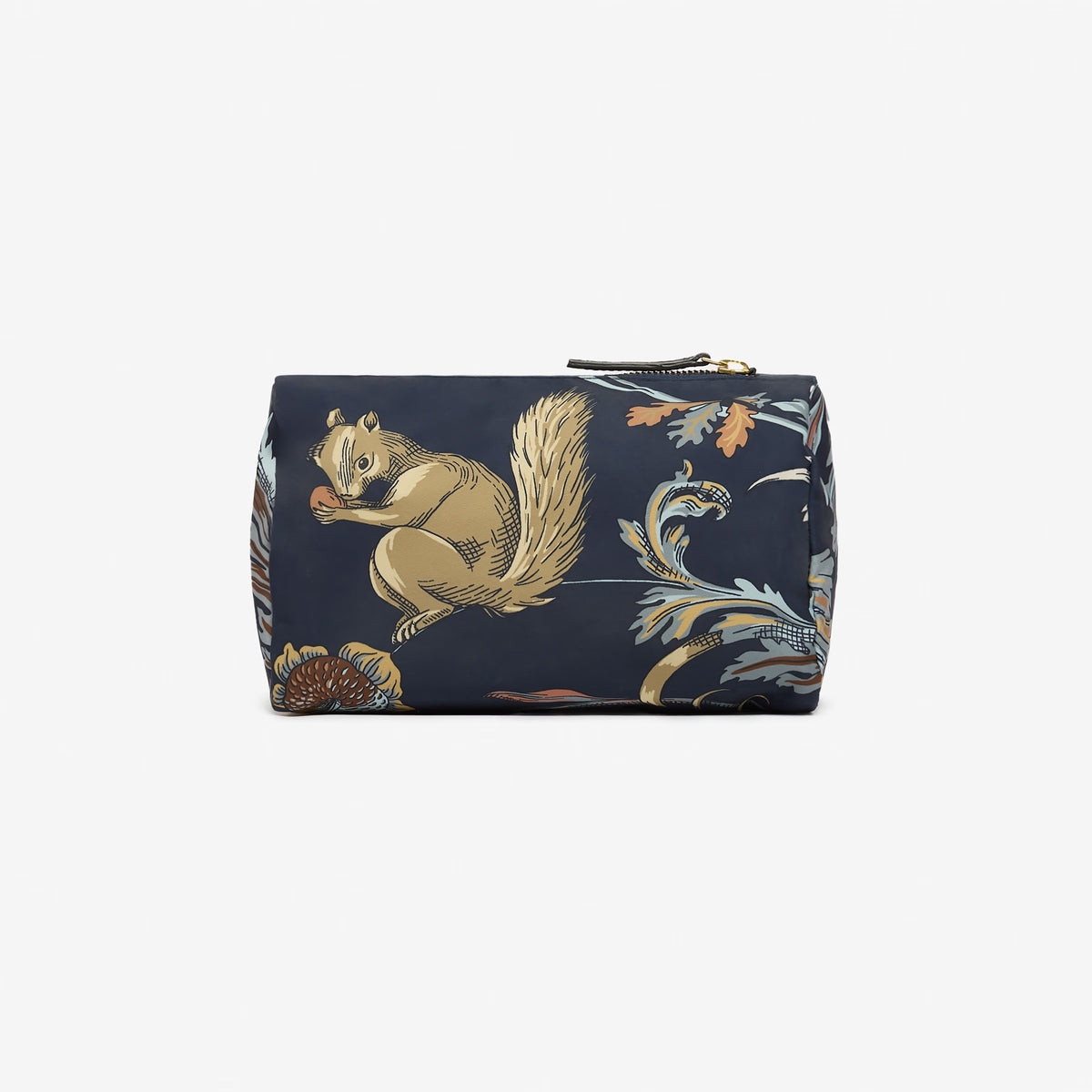 The INOUI EDITIONS - ROCOCO SQUIRREL NYLON CASE SMALL by INOUI is a navy blue zippered pouch made of recycled polyester, featuring a beige, blue, and reddish-brown illustrated squirrel and branches, plus interior pockets for organization.