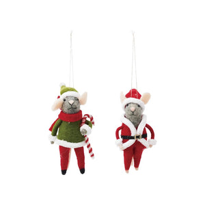 The CREATIVE COOP FELT MOUSE ORNAMENT set includes two handmade wool felt mice in festive outfits, standing on white wooden blocks with red, green, and white pom-poms against a neutral, minimalist backdrop.