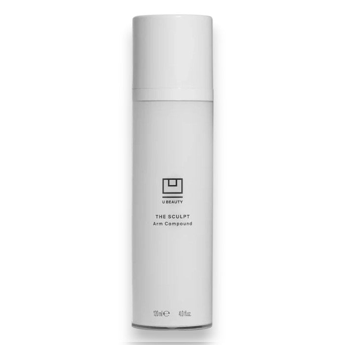 A white cylindrical bottle of U BEAUTY THE SCULPT ARM COMPOUND (120 ml/4.0 fl. oz.), featuring a minimalist black logo and text, harnesses marine extracts to enhance skin vitality, shown against a plain white background.