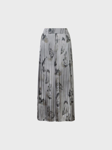 The SANDRO FERRONE Pleated Maxi Skirt in grey, by Sandro Ferrone, features a gray and black abstract pattern and is shown against a plain white background.