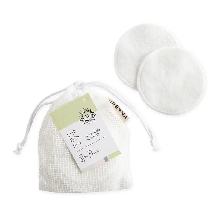 A set of REUSABLE FACE PADS from EUROPEAN SOAPS, LLC, perfect for your skin care routine. The image shows two white, round face pads and a white drawstring mesh bag with a tag that reads &quot;REUSABLE FACE PADS, Spa Prive.&quot; An ideal travel companion for staying refreshed on the go.