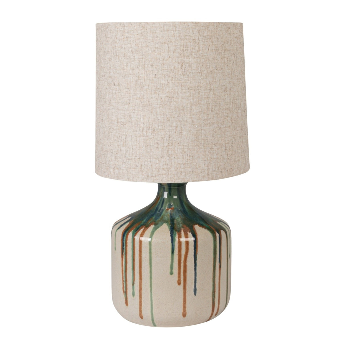 The CREATIVE COOP Stoneware Table Lamp features a textured beige linen shade and a ceramic base with artisan green and brown drip glaze over cream.