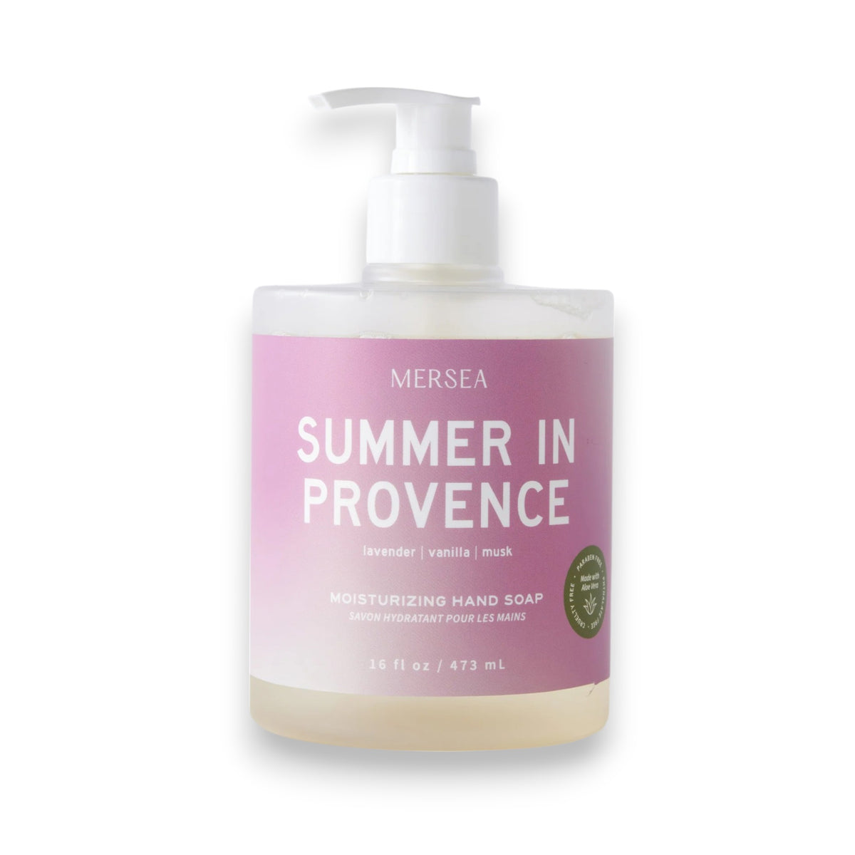 A clear pump bottle of MERSEA - SUMMER IN PROVENCE HAND SOAP 16OZ sits on a pink and white gradient background, offering soothing lavender and sweet vanilla scents.