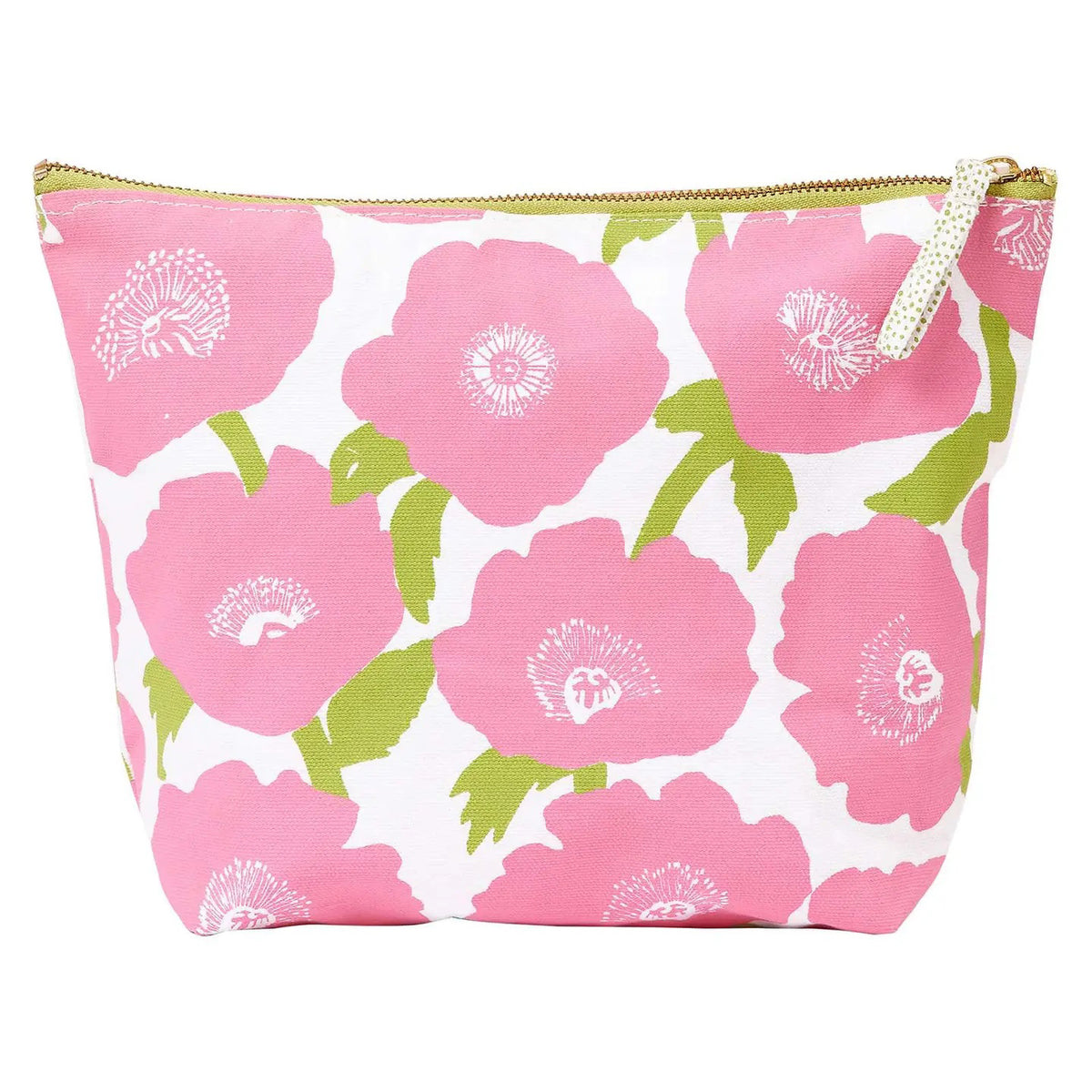 The ROCKFLOWERPAPER POPPIES PINK POUCH (L) features a zippered cotton canvas design with large pink flowers and green leaves on white, plus a gold zipper with a polka dot pull—ideal for organizing your essentials.