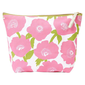 The ROCKFLOWERPAPER POPPIES PINK POUCH (L) features a zippered cotton canvas design with large pink flowers and green leaves on white, plus a gold zipper with a polka dot pull—ideal for organizing your essentials.