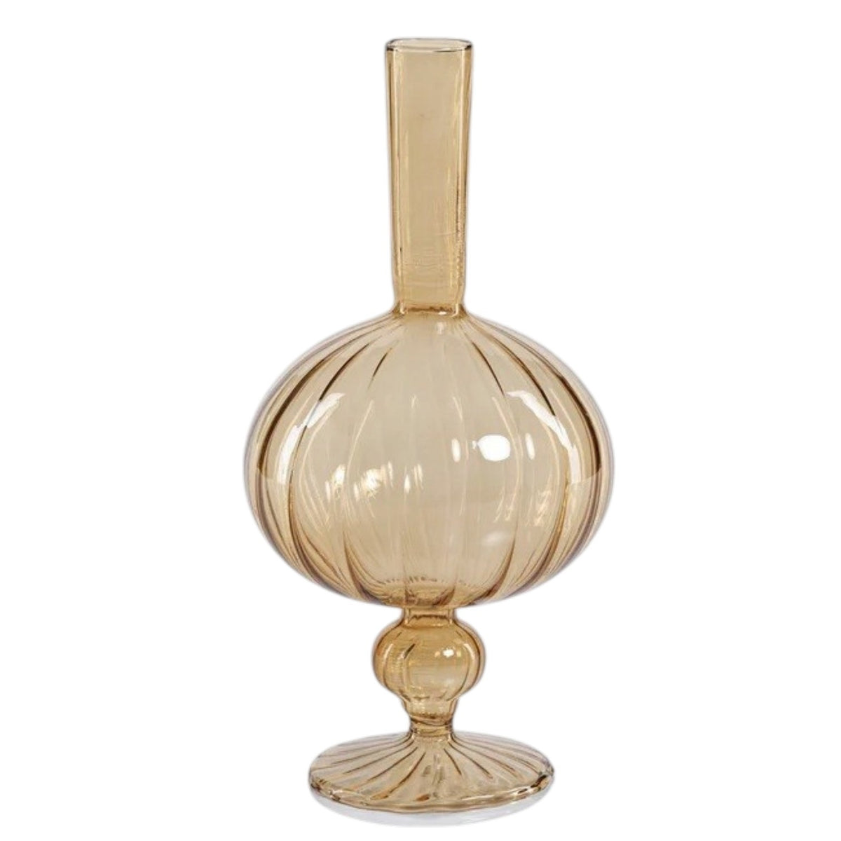 Five amber glass vases in assorted shapes, each featuring ribbed textures, are artfully grouped together. The arrangement centers around the ZODAX VENETIAN SPIRAL VASE IN AMBER ONION SHAPE, 9”, which brings a timeless elegance to the display. Several vases are filled with delicate branches embellished with small clear beads, all set against a neutral textured background—making every decorative vase a standout centerpiece.