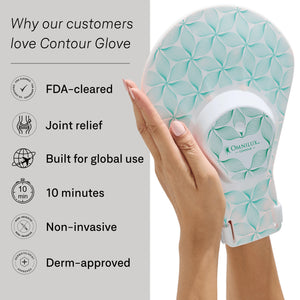 A person wearing a white tank top is using the OMNILUX - CONTOUR GLOVE from OMNILUX, which emits a rejuvenating warm glow to their face. Their expression is calm, standing against a plain background.