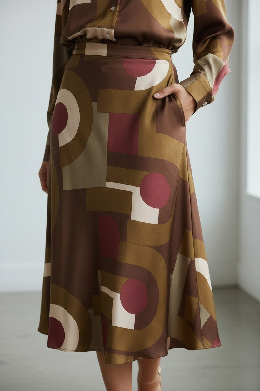 A person wearing a dressy outfit featuring the HARTFORD - JOYCE SKIRT IN BROWN AND RASPBERRY PRINT by HARTFORD, paired with a coordinating blouse. The skirt showcases bold geometric patterns in beige, maroon, and olive green and features a flared cut for an elegant touch. Standing indoors with one hand in the skirt pocket.
