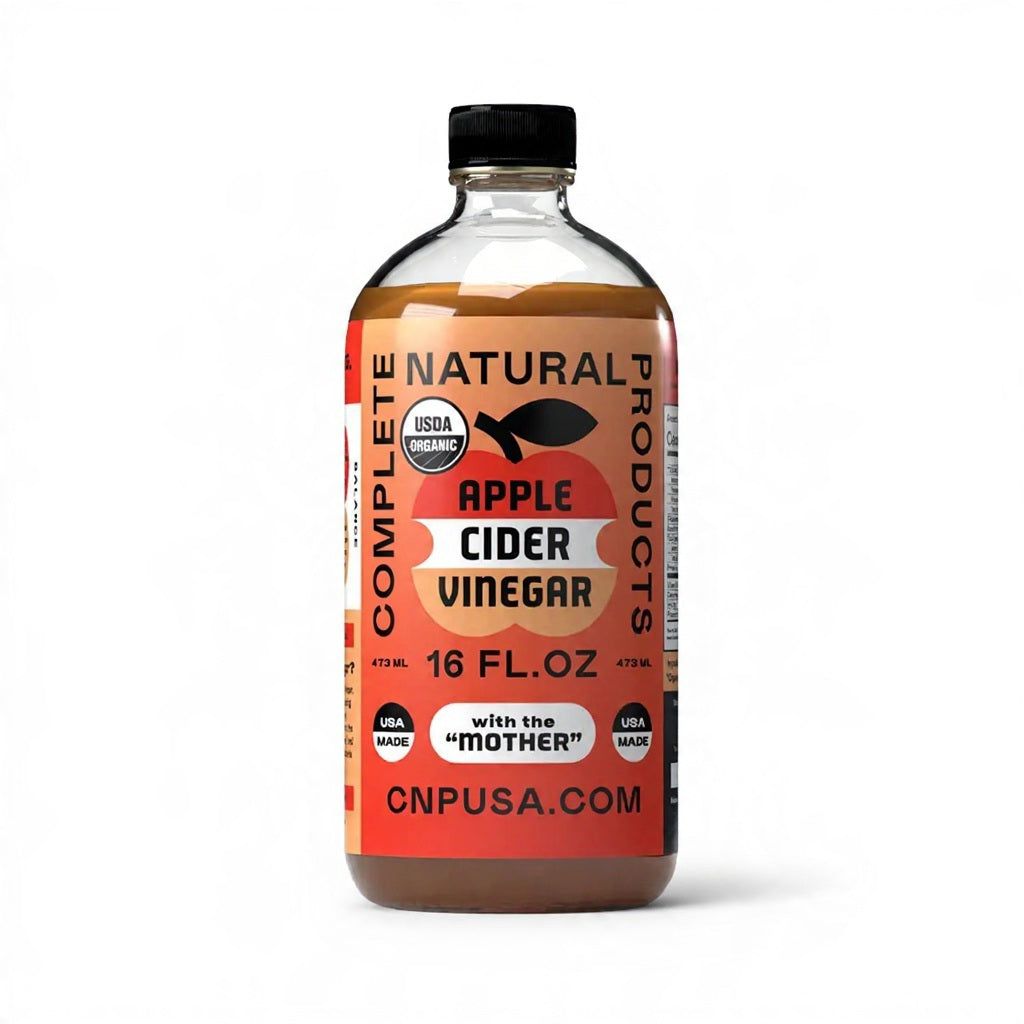 A clear plastic bottle of COMPLETE NATURAL PRODUCTS Apple Cider Vinegar with the Mother featuring a black cap and an orange label.