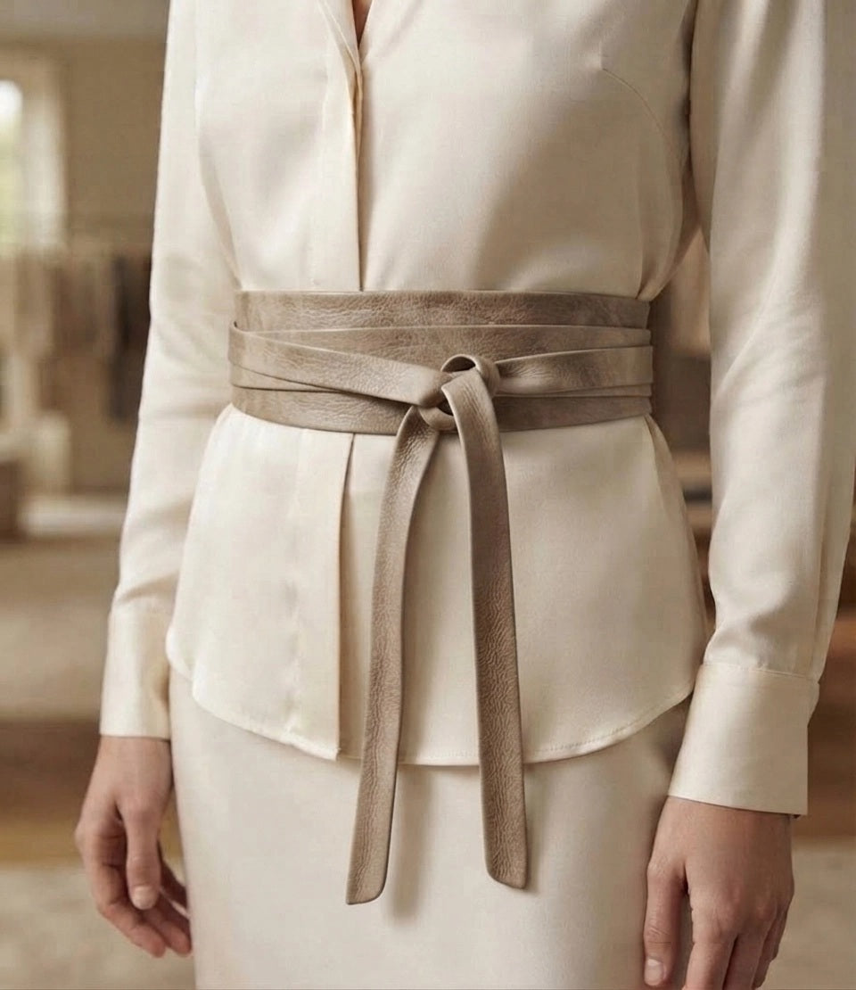 A versatile tan ADA - LEATHER WRAP BELT IN MUSHROOM tied at the waist over a cream-colored button-down shirt.