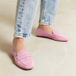 Top view of the REQINS - HEMA SUEDE LOAFER IN PINK by REQINS, featuring a square toe, decorative strap, and leather insole, displayed on a light background.
