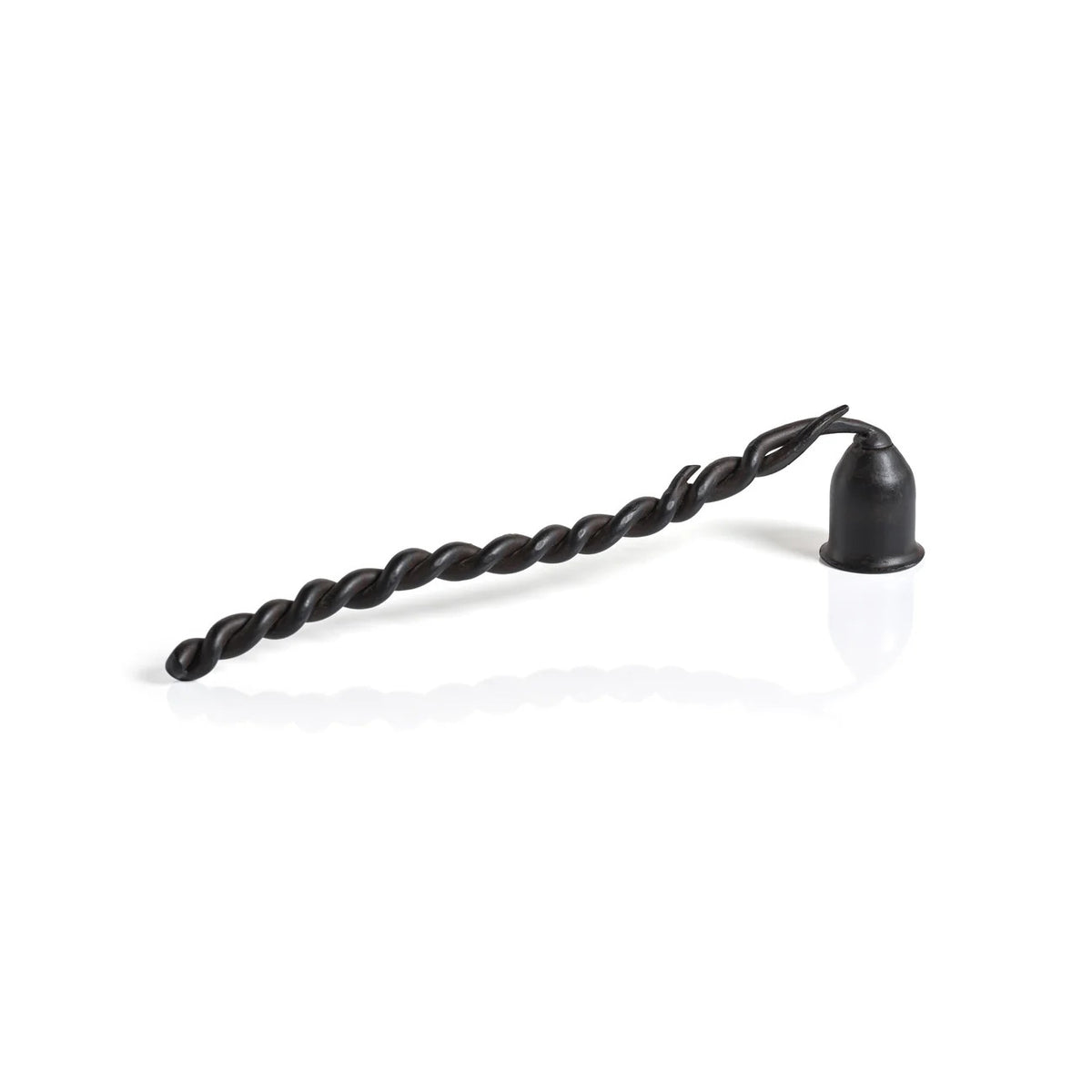 The ZODAX TWISTED WROUGHT IRON CANDLE SNUFFER features a black, spiral handle and a small, cup-shaped snuffer at one end, shown isolated on a white background.