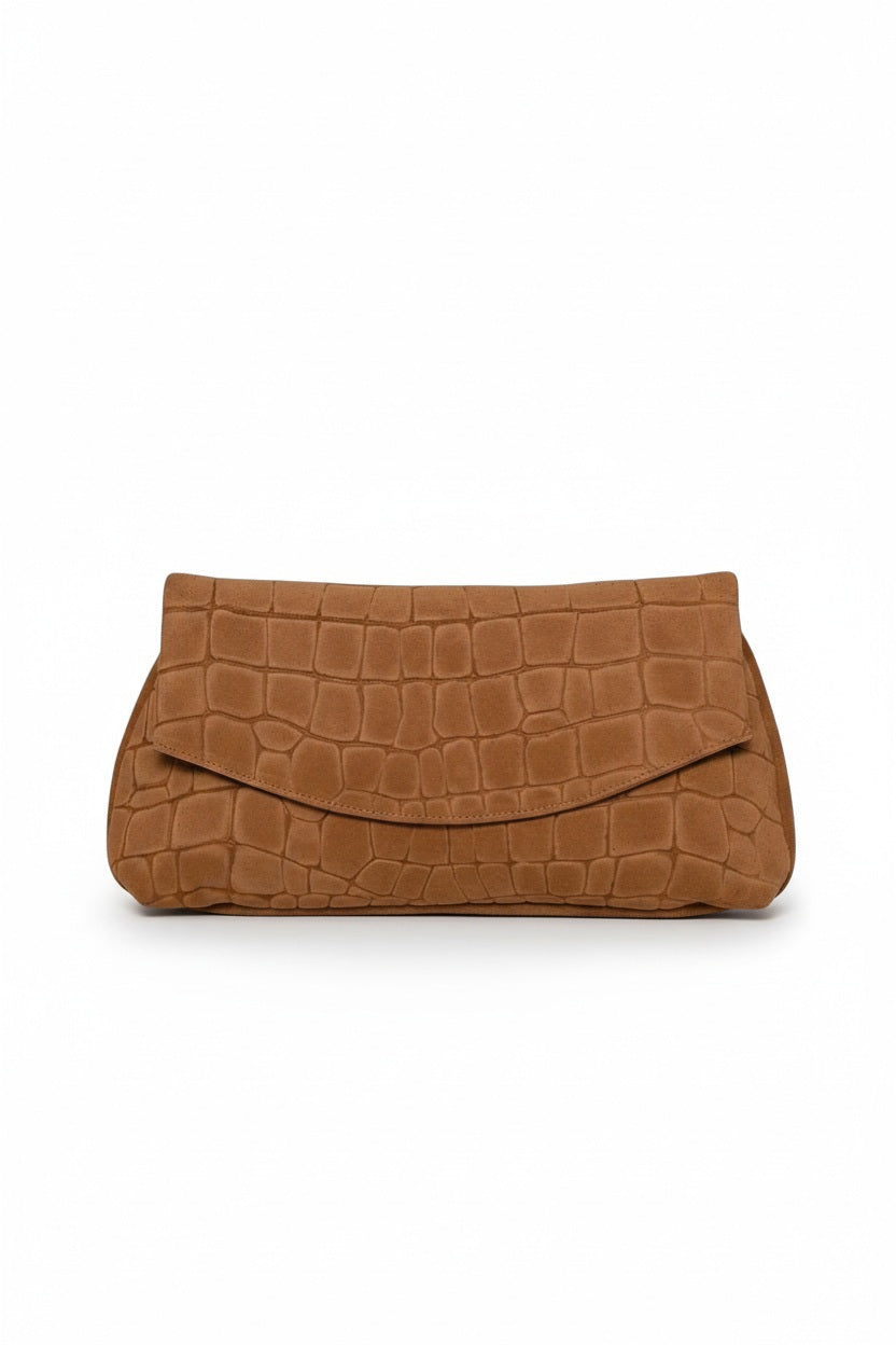 OLIVEVE Valentina Clutch in caramel croco-embossed suede featuring a fold-over flap and magnetic snap closure.