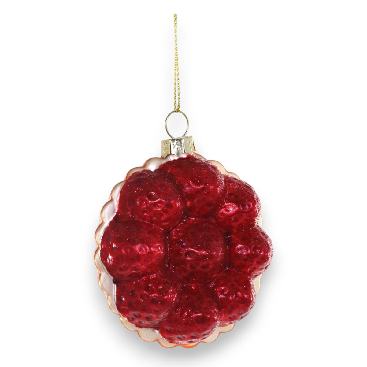 The CODY FOSTER STRAWBERRY TART ORNAMENT, featuring glossy red berries and a gold string, is a charming collectible or a unique gift for design lovers.