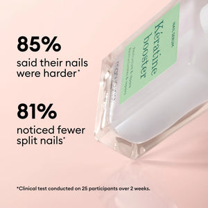 A clear bottle of MANUCURIST INC MANICURIST - KERATIN BOOSTER nail serum with a white cap and green label reading "Restructures & repairs," shown on a white background.