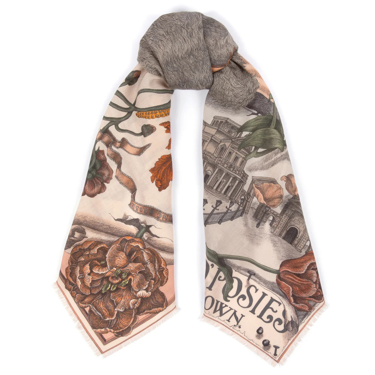 A woman in a beige dress is draped in the Sabina Savage "Ring a Ring o' Roses" silk twill scarf, featuring intricate English garden flower patterns on a marshmallow/ballet background, adding elegance to her ensemble.