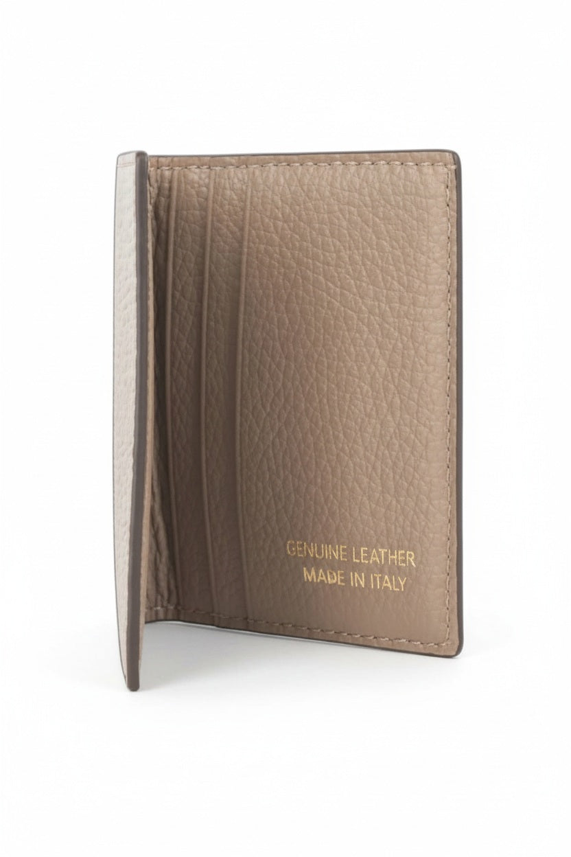 The open gray LEATHER CARD HOLDER by LE BORSETTE features multiple slots. "Genuine Leather Made in Italy" is engraved in the bottom right corner, with its shiny surface reflecting sophistication and fine Italian craftsmanship.