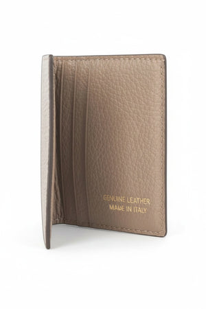 The open gray LEATHER CARD HOLDER by LE BORSETTE features multiple slots. "Genuine Leather Made in Italy" is engraved in the bottom right corner, with its shiny surface reflecting sophistication and fine Italian craftsmanship.