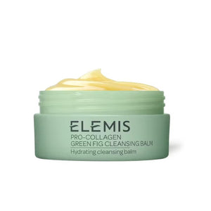 A jar of ELEMIS - PRO-COLLAGEN GREEN FIG CLEANSING BALM by ELEMIS - STEINER is depicted with its lid removed, exposing the yellow balm within. The text on the green jar states "Hydrating cleansing balm." Centered on a white background, this jar highlights nourishing plant oils designed to deeply cleanse your skin.