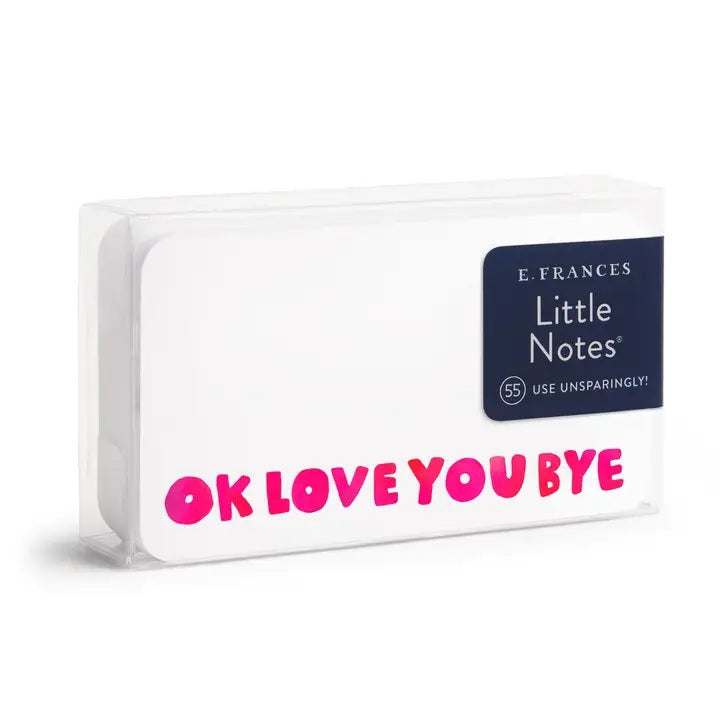 The E. FRANCES PAPER "LITTLE NOTES OKLOVEYOUBYE" set includes white mini cards with "OK LOVE YOU BYE" in pink, a smiley face on the back, and a yellow pencil—perfect for sharing heartfelt notes.
