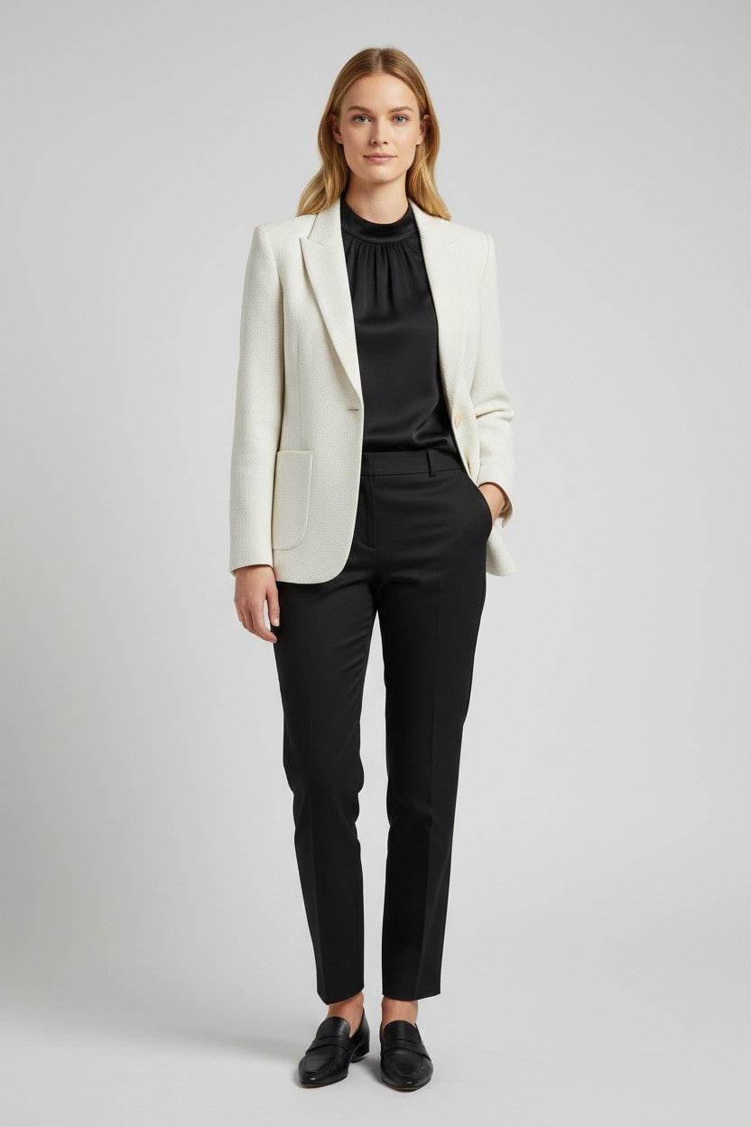 A woman stands facing forward, wearing the SEVENTY VENEZIA Single Breasted Blazer with Lurex Pique Stitching by SEVENTY over a black blouse, paired with black pants and black loafers. She has light brown hair styled down and a neutral expression. The background is plain and light grey.