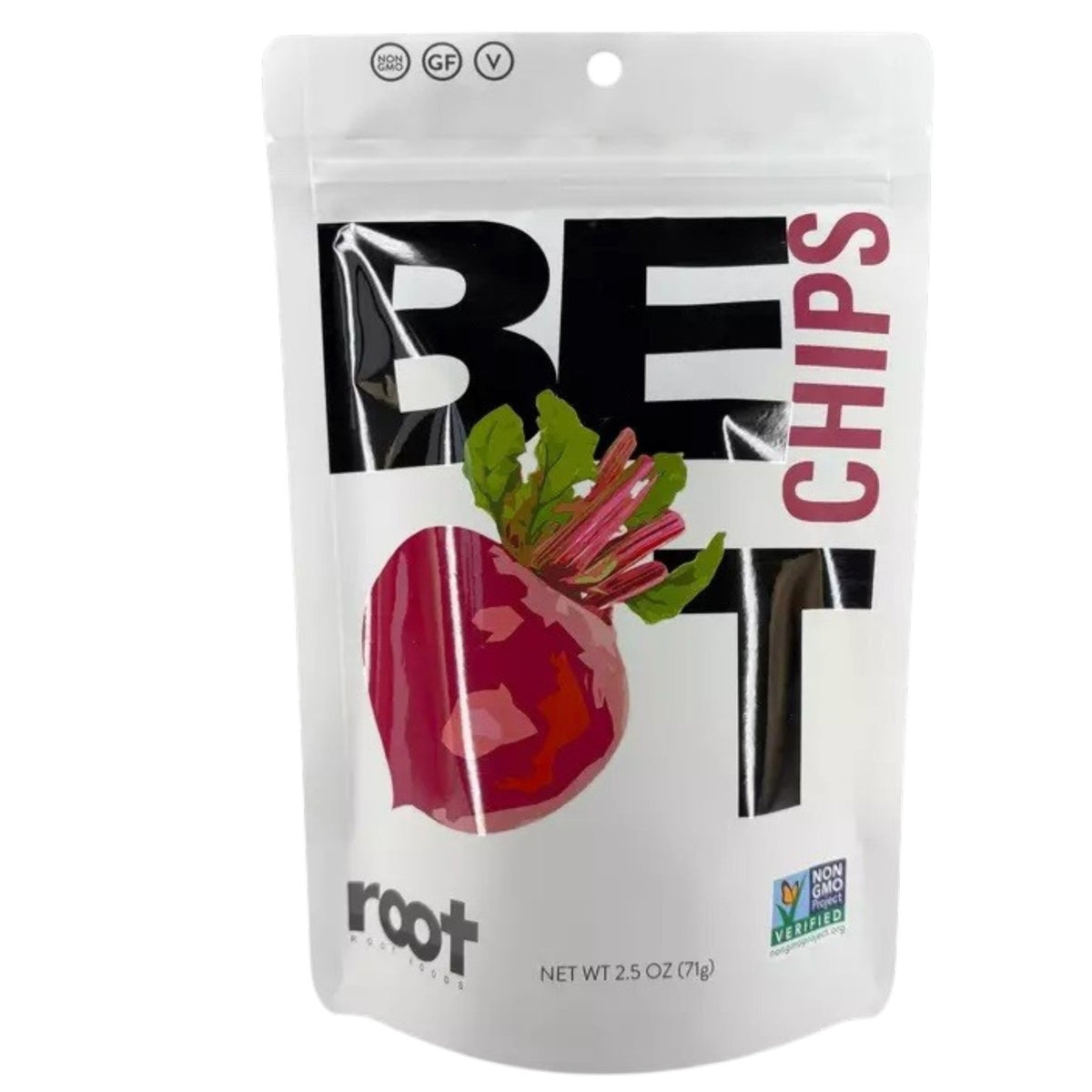 Three whole beets beside a plus sign, a bag of ROOT FOODS - BEET CHIPS, and three crunchy veggie chips. Text reads: “It takes 6 fresh beets to make 1 bag of ROOT FOODS - BEET CHIPS.” Blue background. Made by ROOT FOODS with avocado oil for a delicious crunch.