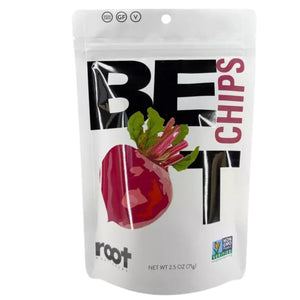 Three whole beets beside a plus sign, a bag of ROOT FOODS - BEET CHIPS, and three crunchy veggie chips. Text reads: “It takes 6 fresh beets to make 1 bag of ROOT FOODS - BEET CHIPS.” Blue background. Made by ROOT FOODS with avocado oil for a delicious crunch.