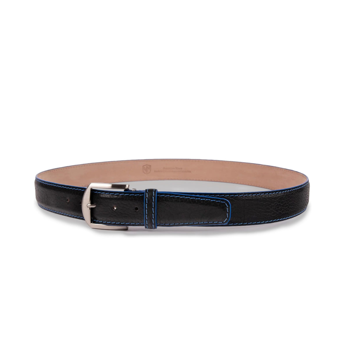 The LEN LIFESTYLE American Bison Belt in Black/Denim features blue stitching, a silver buckle, and tan inner lining. Handcrafted in the USA, it's displayed circularly with the buckle fastened.
