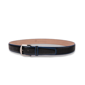 The LEN LIFESTYLE American Bison Belt in Black/Denim features blue stitching, a silver buckle, and tan inner lining. Handcrafted in the USA, it's displayed circularly with the buckle fastened.