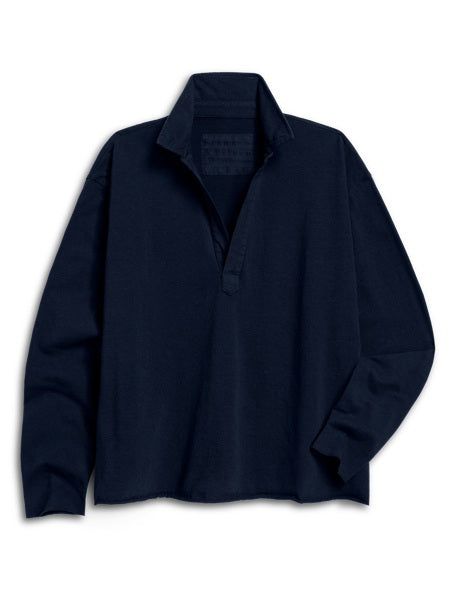 The FRANK &amp; EILEEN Patrick Popover Henley in Heritage Jersey Tide is a navy blue, US-made top with long sleeves, a relaxed collared fit, and a short buttonless placket, shown flat on a white background.