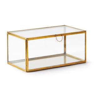 The NAPA HOME AND GARDEN - ARWEN RECTANGULAR BOX features a glass and brass design with a gold frame and round handle, perfect for showcasing plants, mementos, or decor items. Its transparent walls and minimalist style make it an ideal addition to any home.