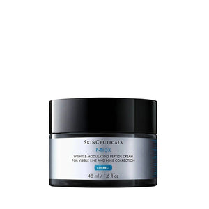 A 48ml black jar of SKIN CEUTICALS P-TIOX CREAM, a wrinkle-modulating peptide moisturizer for visible line and pore correction, is shown against a white background—ideal for achieving glass skin.