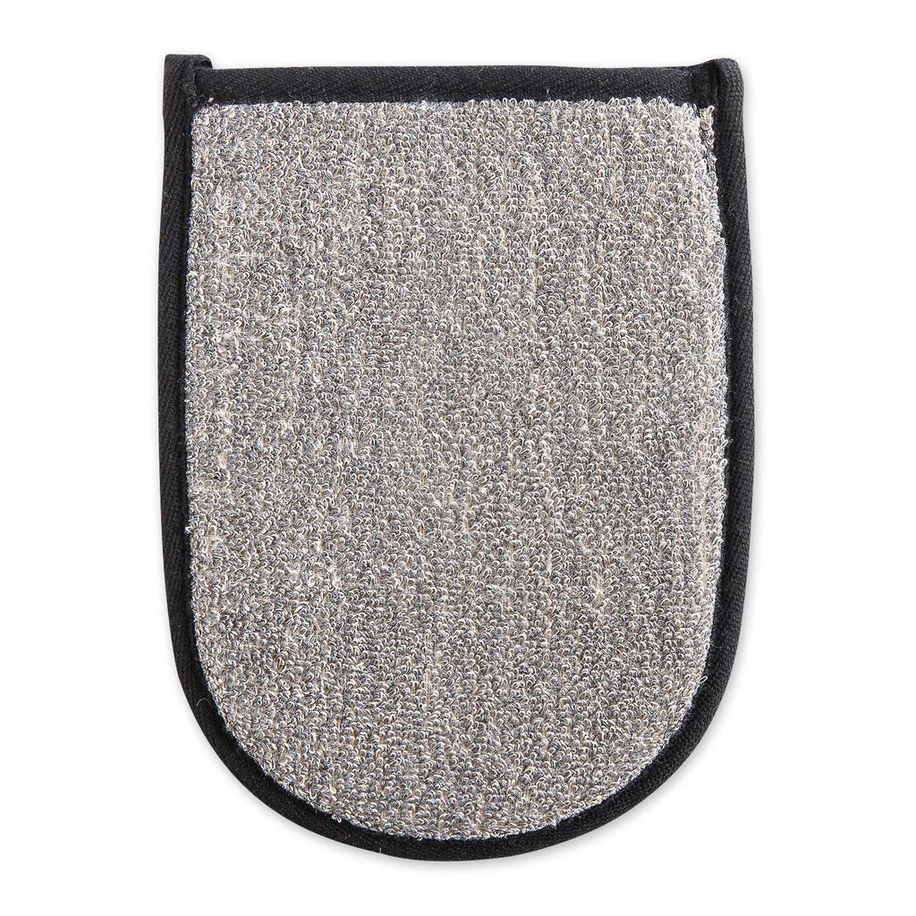 An image of the BAMBOO CHARCOAL BATH MITT by EUROPEAN SOAPS, LLC features a mitt with rounded edges, crafted from a rough, textured material and accented with black fabric trim along the sides and top opening. Perfect for your spa products collection, this mitt is designed to enhance your skincare routine by scrubbing and exfoliating the skin during showers.