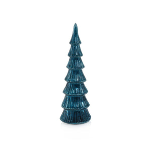 The ZODAX VERBIER LED Tree in Blue with Silver Trim features layered, textured branches and a glass LED light, crafted from glossy ceramic and displayed upright against a white background.