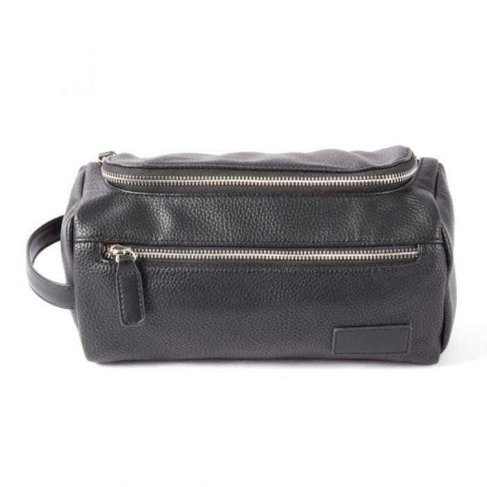 The BEYBERK INTERNATIONAL LEATHER TOILETRY BAG IN BLACK features a sleek leather design with a top zipper, front pocket, and side handle for men, shown on a white background.